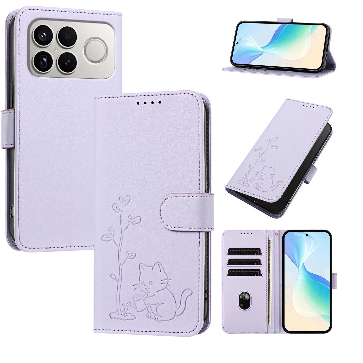 For Xiaomi Poco F8 Ultra 5G / Redmi K90 Pro Max YX0014 Cat Watering Tree Buckle Vegan Leather Phone Case with Lanyard(Light Purple)