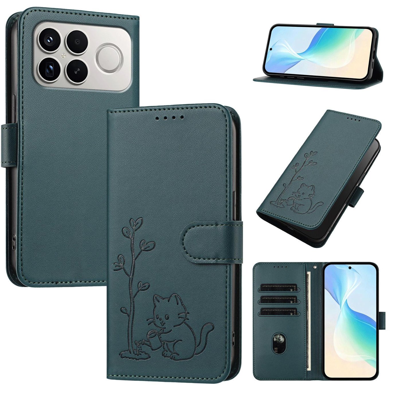 For Xiaomi Poco F8 Ultra 5G / Redmi K90 Pro Max YX0014 Cat Watering Tree Buckle Vegan Leather Phone Case with Lanyard(Dark Green)
