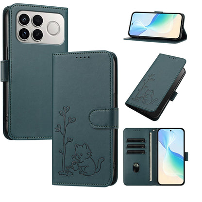 For Xiaomi Poco F8 Ultra 5G / Redmi K90 Pro Max YX0014 Cat Watering Tree Buckle Vegan Leather Phone Case with Lanyard(Dark Green)