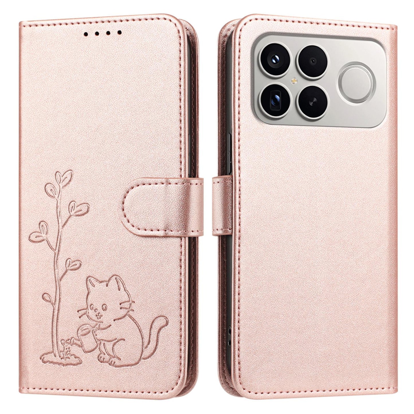 For Xiaomi Poco F8 Ultra 5G / Redmi K90 Pro Max YX0014 Cat Watering Tree Buckle Vegan Leather Phone Case with Lanyard(Rose Gold)