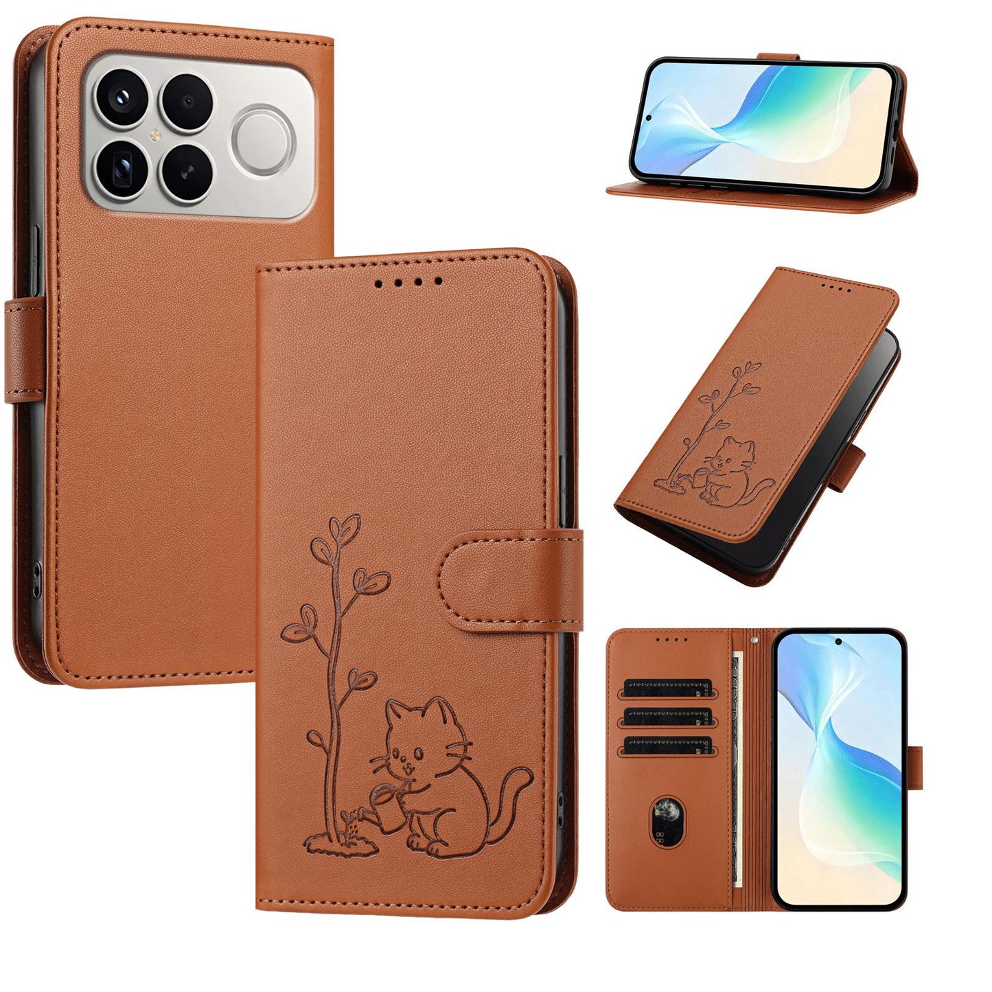 For Xiaomi Poco F8 Ultra 5G / Redmi K90 Pro Max YX0014 Cat Watering Tree Buckle Vegan Leather Phone Case with Lanyard(Coffee Brown)