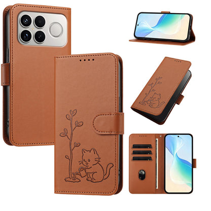 For Xiaomi Poco F8 Ultra 5G / Redmi K90 Pro Max YX0014 Cat Watering Tree Buckle Vegan Leather Phone Case with Lanyard(Coffee Brown)
