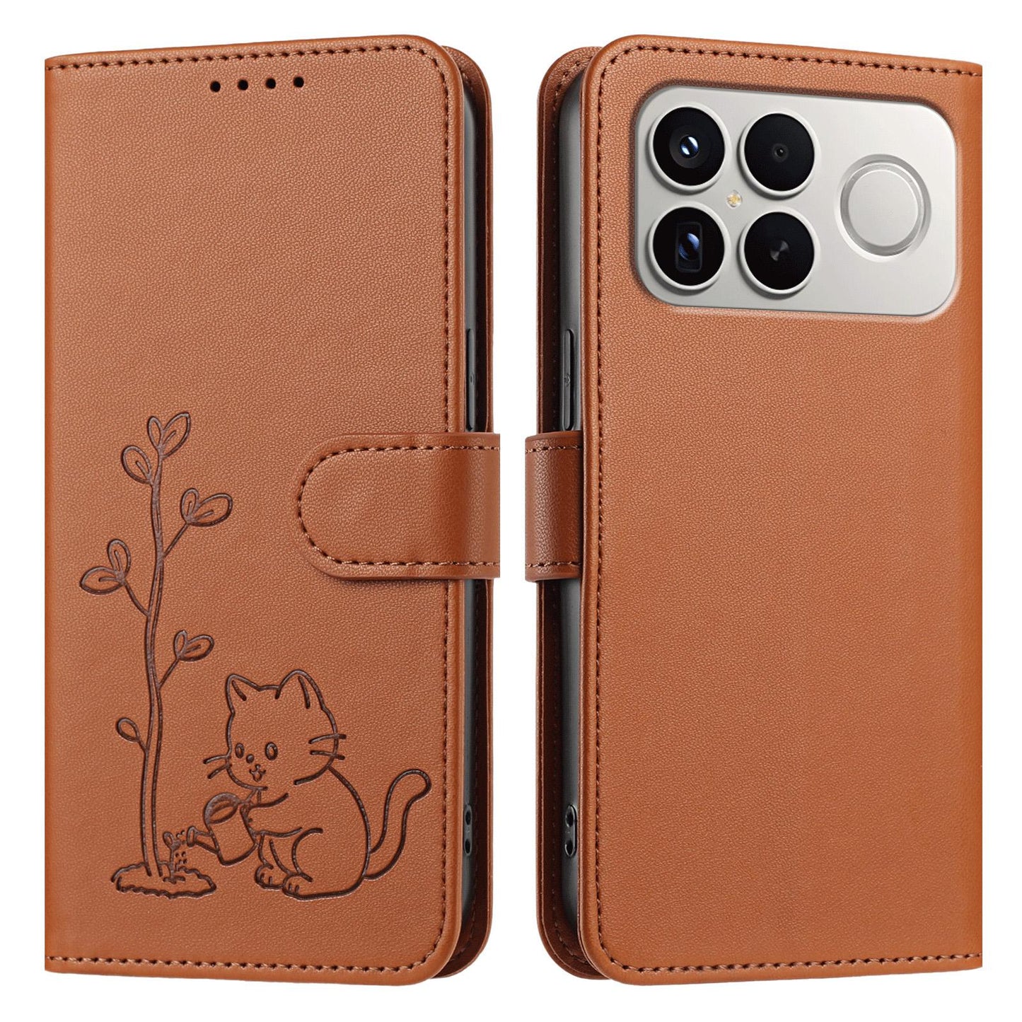 For Xiaomi Poco F8 Ultra 5G / Redmi K90 Pro Max YX0014 Cat Watering Tree Buckle Vegan Leather Phone Case with Lanyard(Coffee Brown)