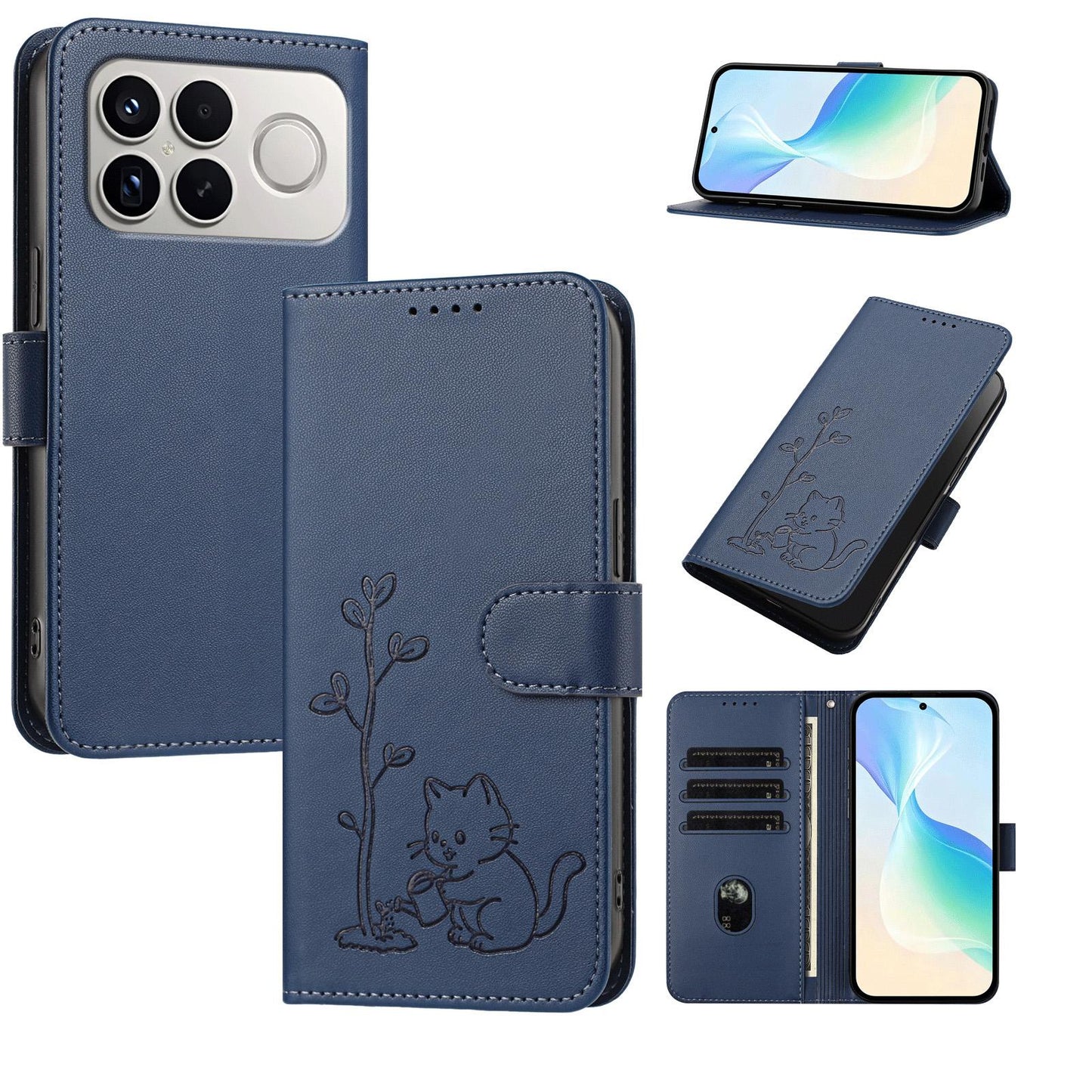 For Xiaomi Poco F8 Ultra 5G / Redmi K90 Pro Max YX0014 Cat Watering Tree Buckle Vegan Leather Phone Case with Lanyard(Dark Blue)