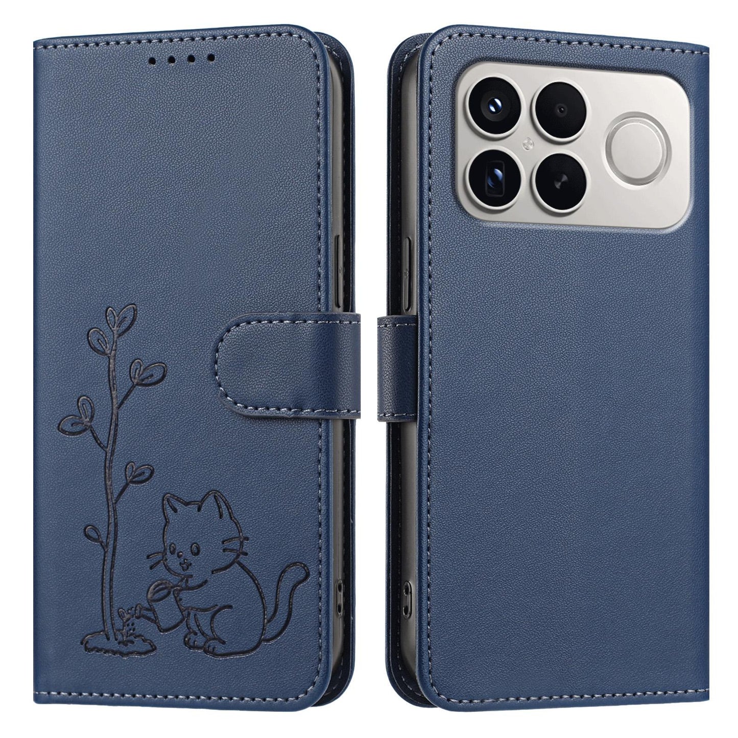 For Xiaomi Poco F8 Ultra 5G / Redmi K90 Pro Max YX0014 Cat Watering Tree Buckle Vegan Leather Phone Case with Lanyard(Dark Blue)