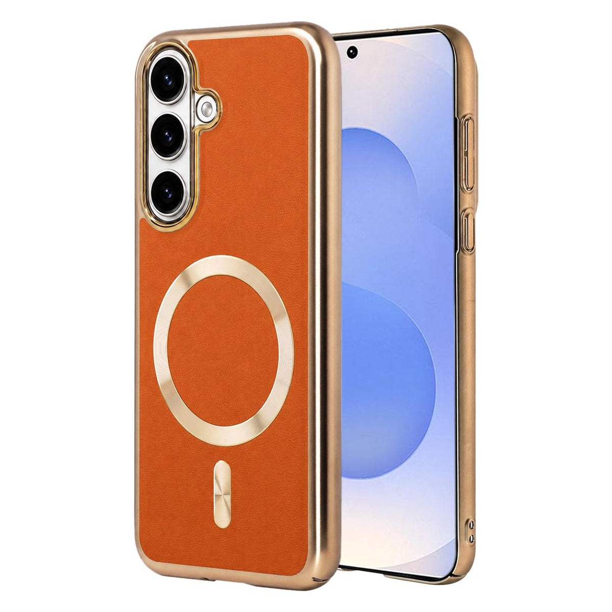 For Galaxy S25 5G Electroplated Frame CD Texture Magnetic Ring PC + Vegan Leather Phone Case - Orange - EDA009662509A