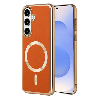 For Galaxy S25 5G Electroplated Frame CD Texture Magnetic Ring PC + Vegan Leather Phone Case - Orange - EDA009662509A