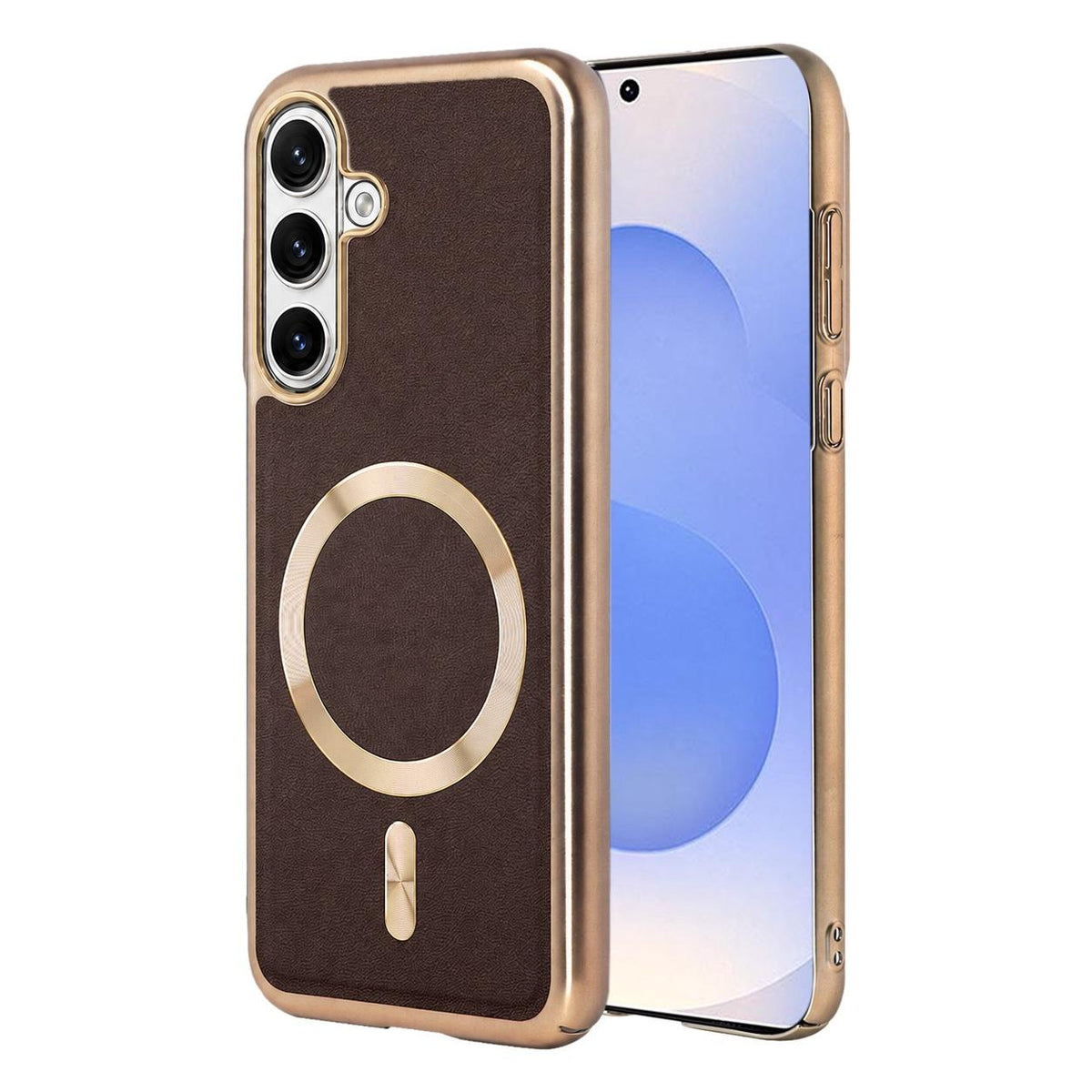For Galaxy S25 5G Electroplated Frame CD Texture Magnetic Ring PC + Vegan Leather Phone Case - Coffee - EDA009662509B