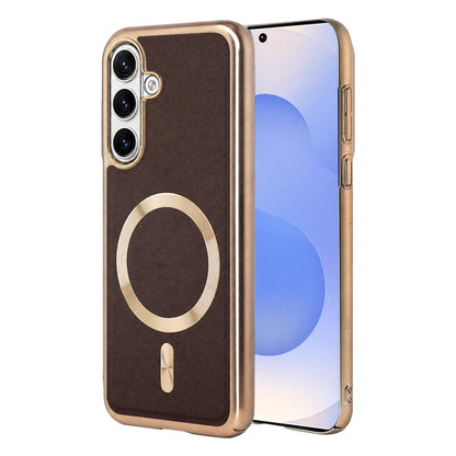 For Galaxy S25 5G Electroplated Frame CD Texture Magnetic Ring PC + Vegan Leather Phone Case - Coffee - EDA009662509B