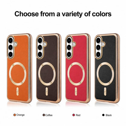 For Galaxy S25 5G Electroplated Frame CD Texture Magnetic Ring PC + Vegan Leather Phone Case - Coffee - EDA009662509B