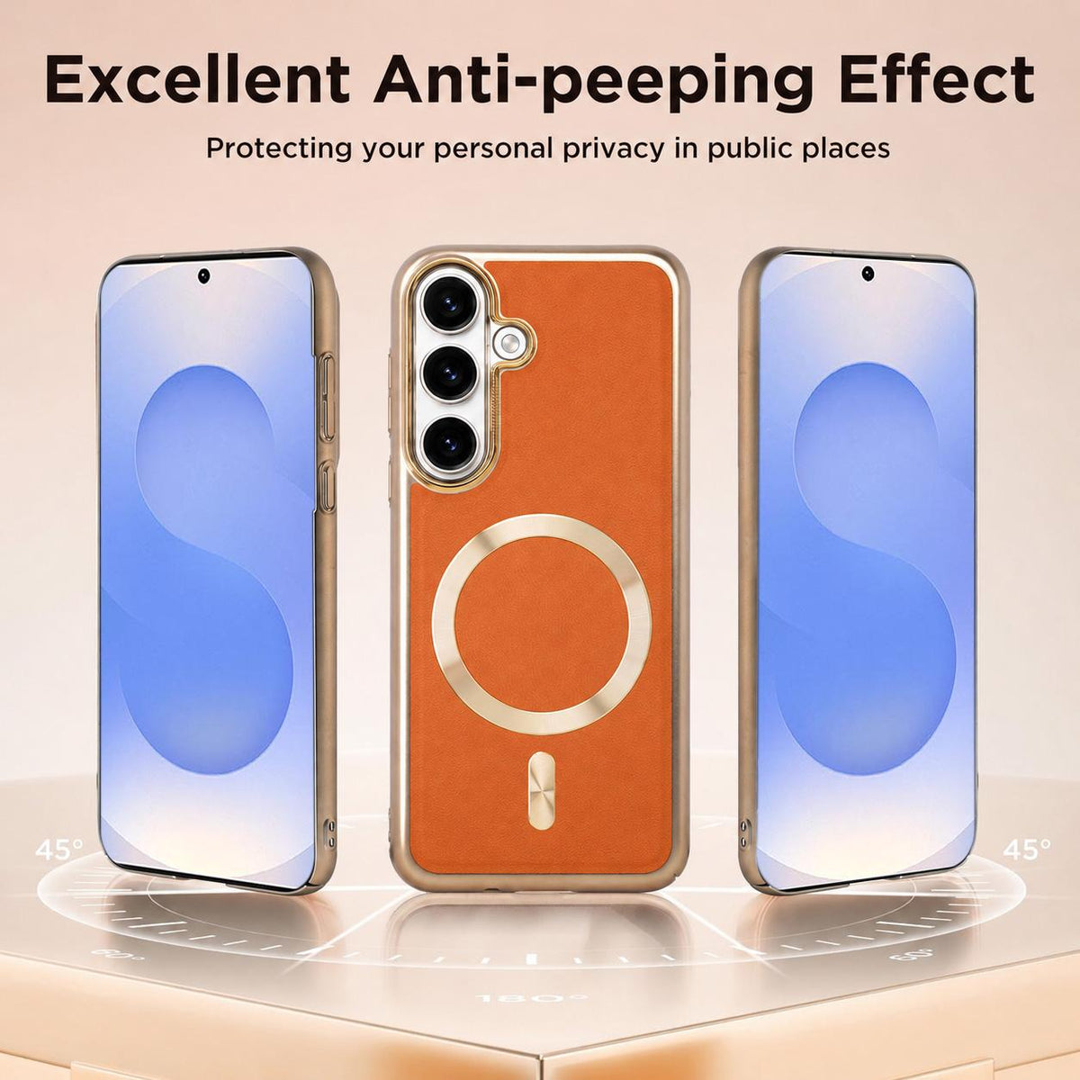 For Galaxy S25 5G Electroplated Frame CD Texture Magnetic Ring PC + Vegan Leather Phone Case - Coffee - EDA009662509B