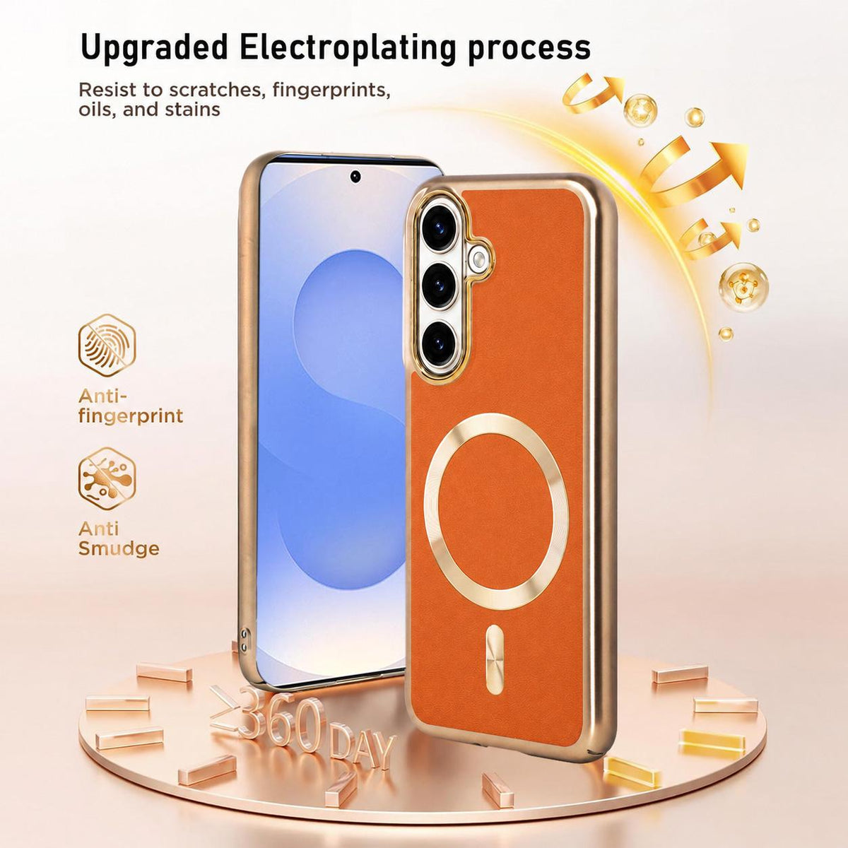 For Galaxy S25 5G Electroplated Frame CD Texture Magnetic Ring PC + Vegan Leather Phone Case - Coffee - EDA009662509B
