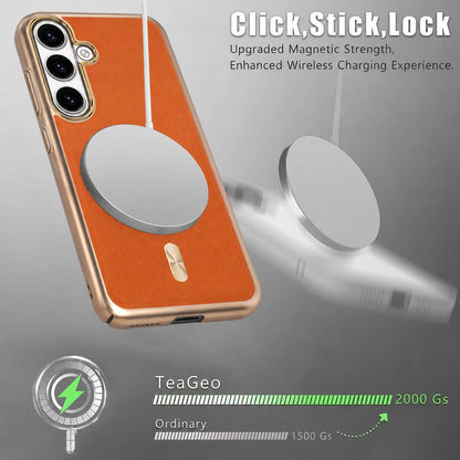 For Galaxy S25 5G Electroplated Frame CD Texture Magnetic Ring PC + Vegan Leather Phone Case - Coffee - EDA009662509B
