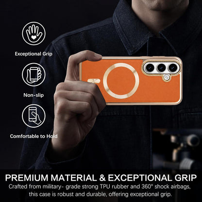 For Galaxy S25 5G Electroplated Frame CD Texture Magnetic Ring PC + Vegan Leather Phone Case - Coffee - EDA009662509B