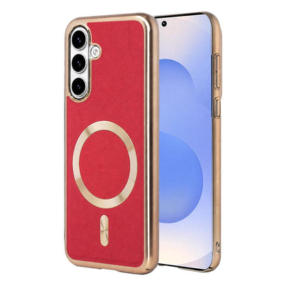 For Galaxy S25 5G Electroplated Frame CD Texture Magnetic Ring PC + Vegan Leather Phone Case - Red - EDA009662509C