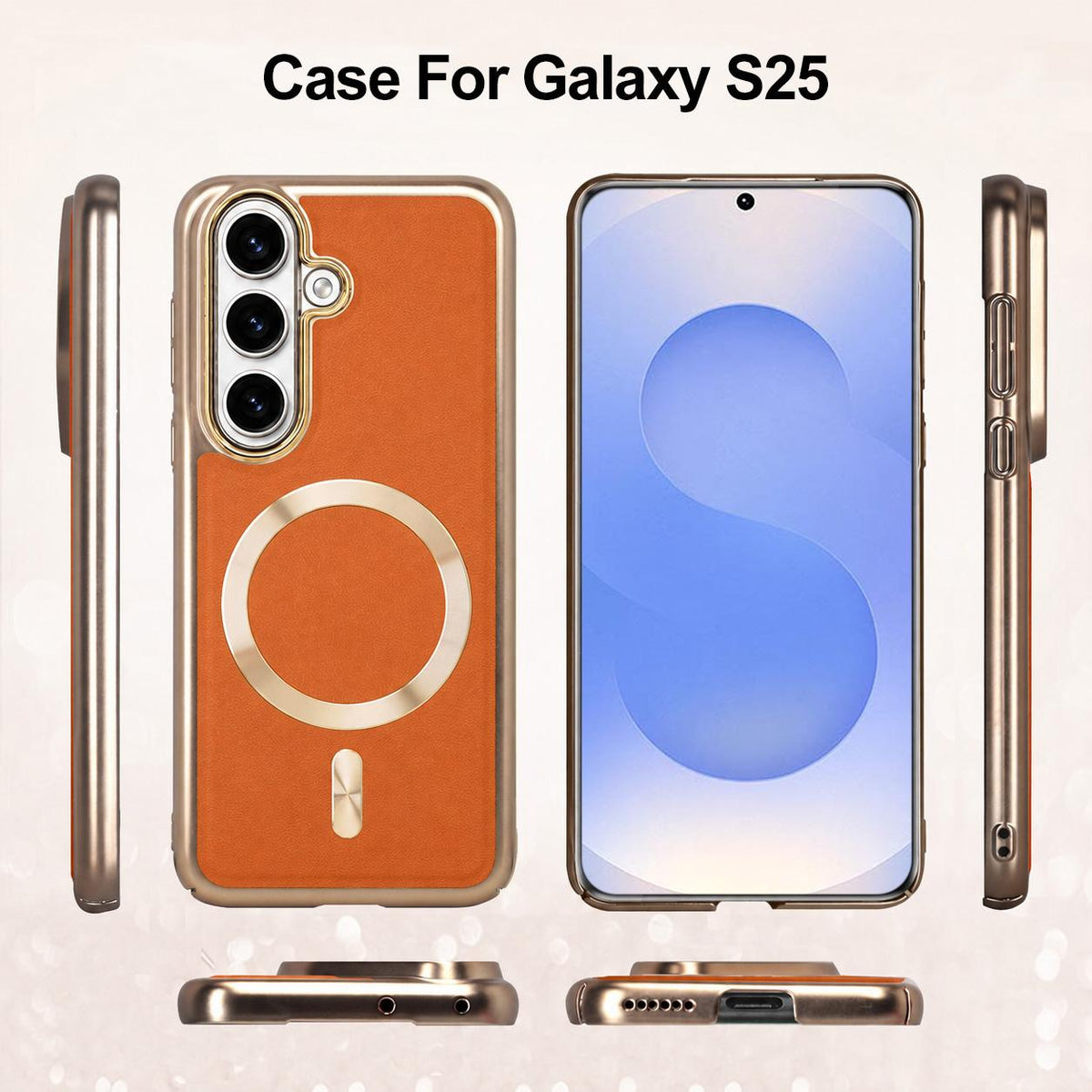 For Galaxy S25 5G Electroplated Frame CD Texture Magnetic Ring PC + Vegan Leather Phone Case - Red - EDA009662509C