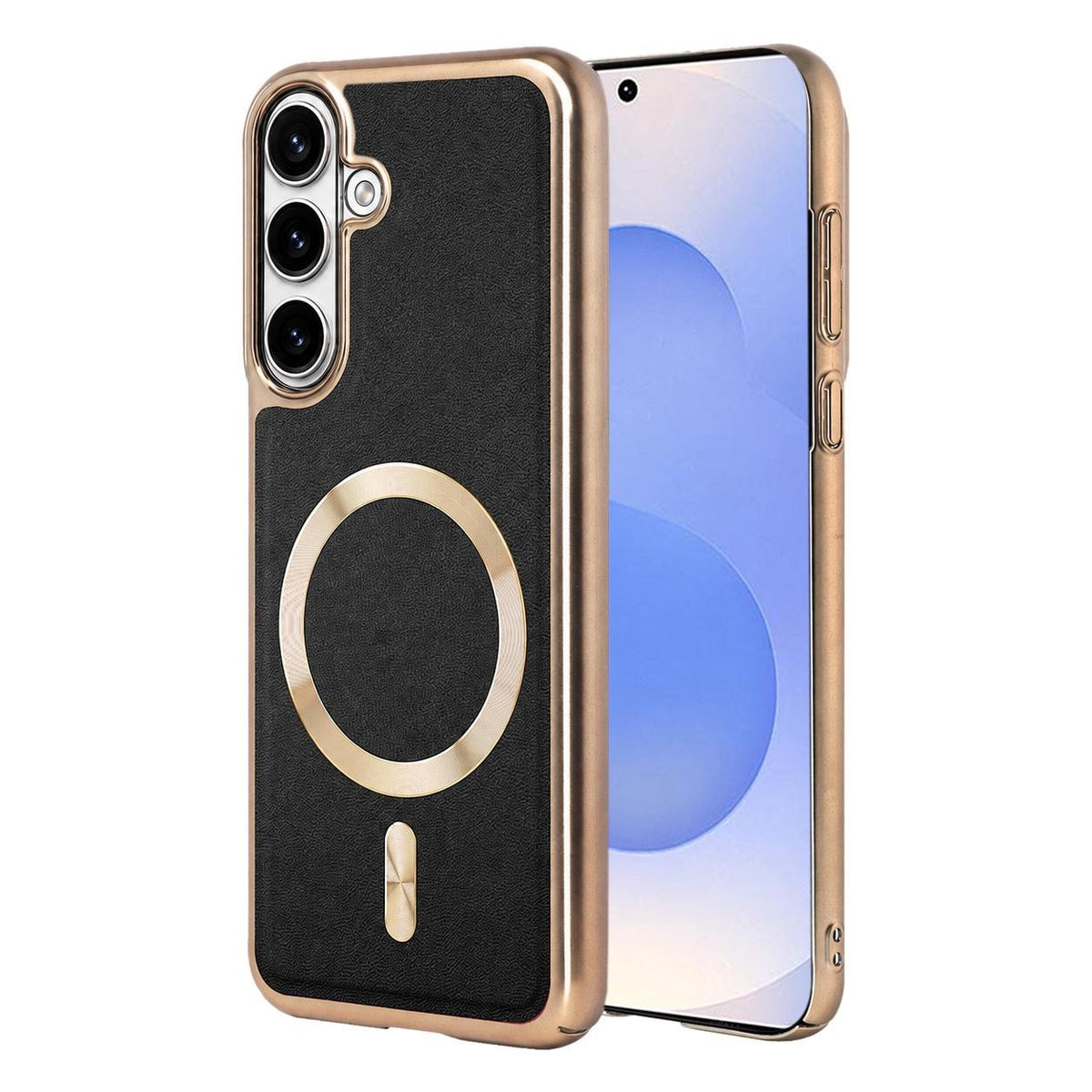 For Galaxy S25 5G Electroplated Frame CD Texture Magnetic Ring PC + Vegan Leather Phone Case - Black - EDA009662509D