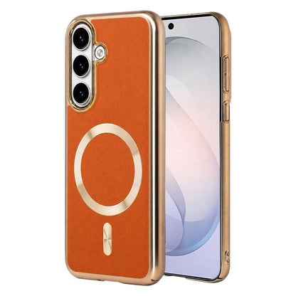 For Galaxy S26 5G Electroplated Frame CD Texture Magnetic Ring PC + Vegan Leather Phone Case - Orange - EDA009662511A