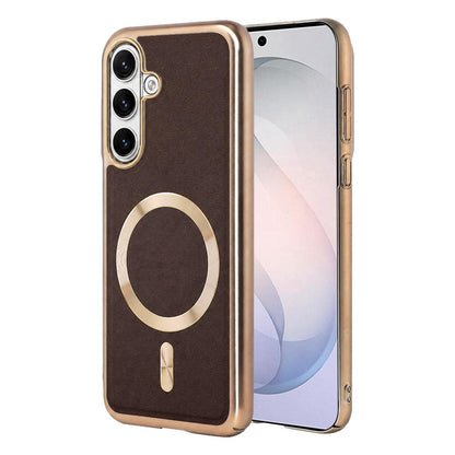 For Galaxy S26 5G Electroplated Frame CD Texture Magnetic Ring PC + Vegan Leather Phone Case - Coffee - EDA009662511B