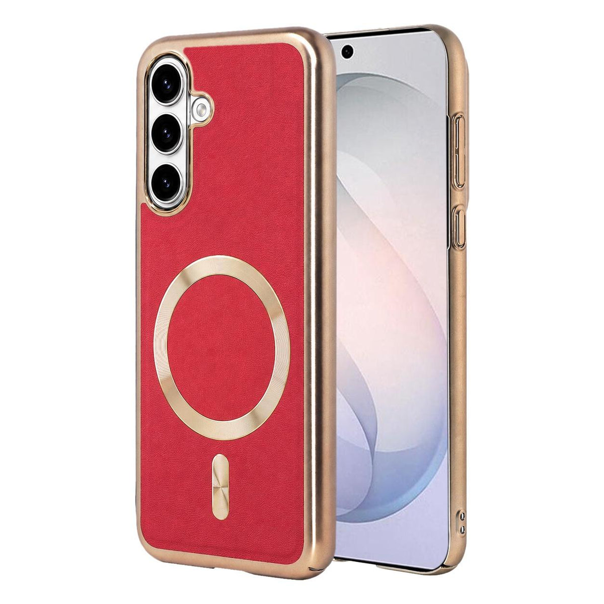 For Galaxy S26 5G Electroplated Frame CD Texture Magnetic Ring PC + Vegan Leather Phone Case - Red - EDA009662511C