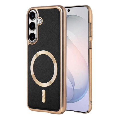 For Galaxy S26 5G Electroplated Frame CD Texture Magnetic Ring PC + Vegan Leather Phone Case - Black - EDA009662511D