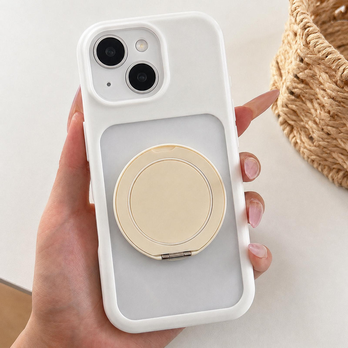 For iPhone 15 Plus Soft-Color Acrylic 360 Rotation Holder Phone Case - White - EDA009665311A