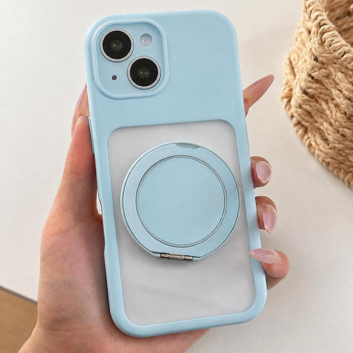 For iPhone 15 Plus Soft-Color Acrylic 360 Rotation Holder Phone Case - Blue - EDA009665311B
