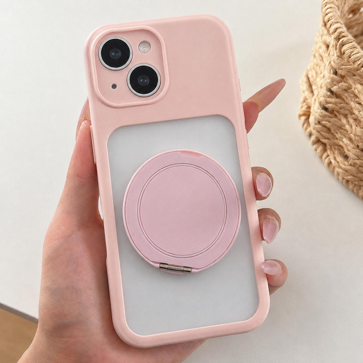 For iPhone 15 Plus Soft-Color Acrylic 360 Rotation Holder Phone Case - Pink - EDA009665311C