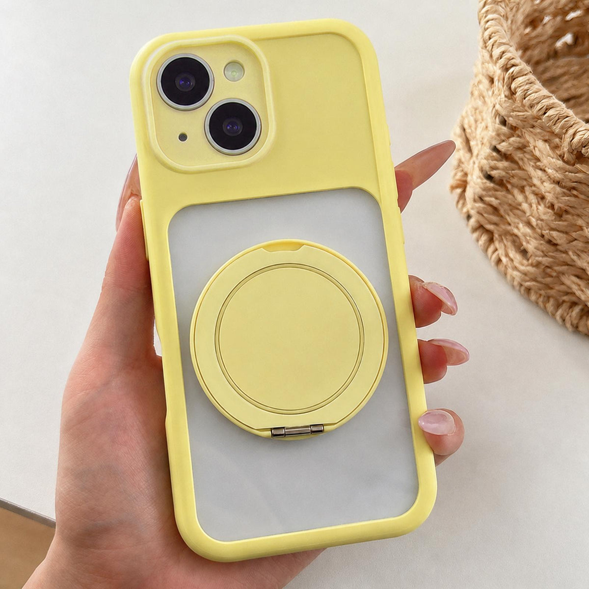 For iPhone 15 Plus Soft-Color Acrylic 360 Rotation Holder Phone Case - Yellow - EDA009665311D