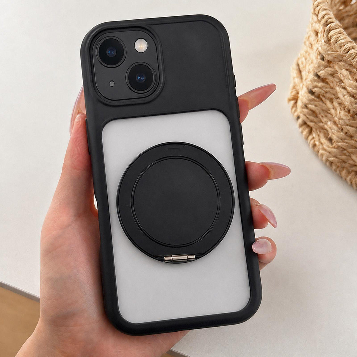 For iPhone 15 Plus Soft-Color Acrylic 360 Rotation Holder Phone Case - Black - EDA009665311E