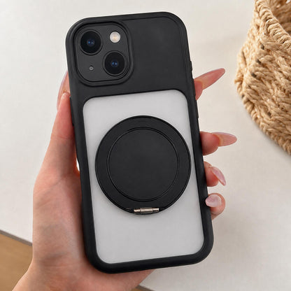 For iPhone 15 Plus Soft-Color Acrylic 360 Rotation Holder Phone Case - Black - EDA009665311E