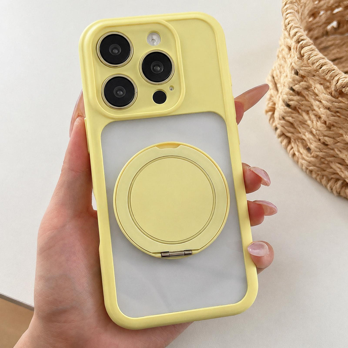 For iPhone 13 Pro Max Soft-Color Acrylic 360 Rotation Holder Phone Case - Yellow - EDA009665317D