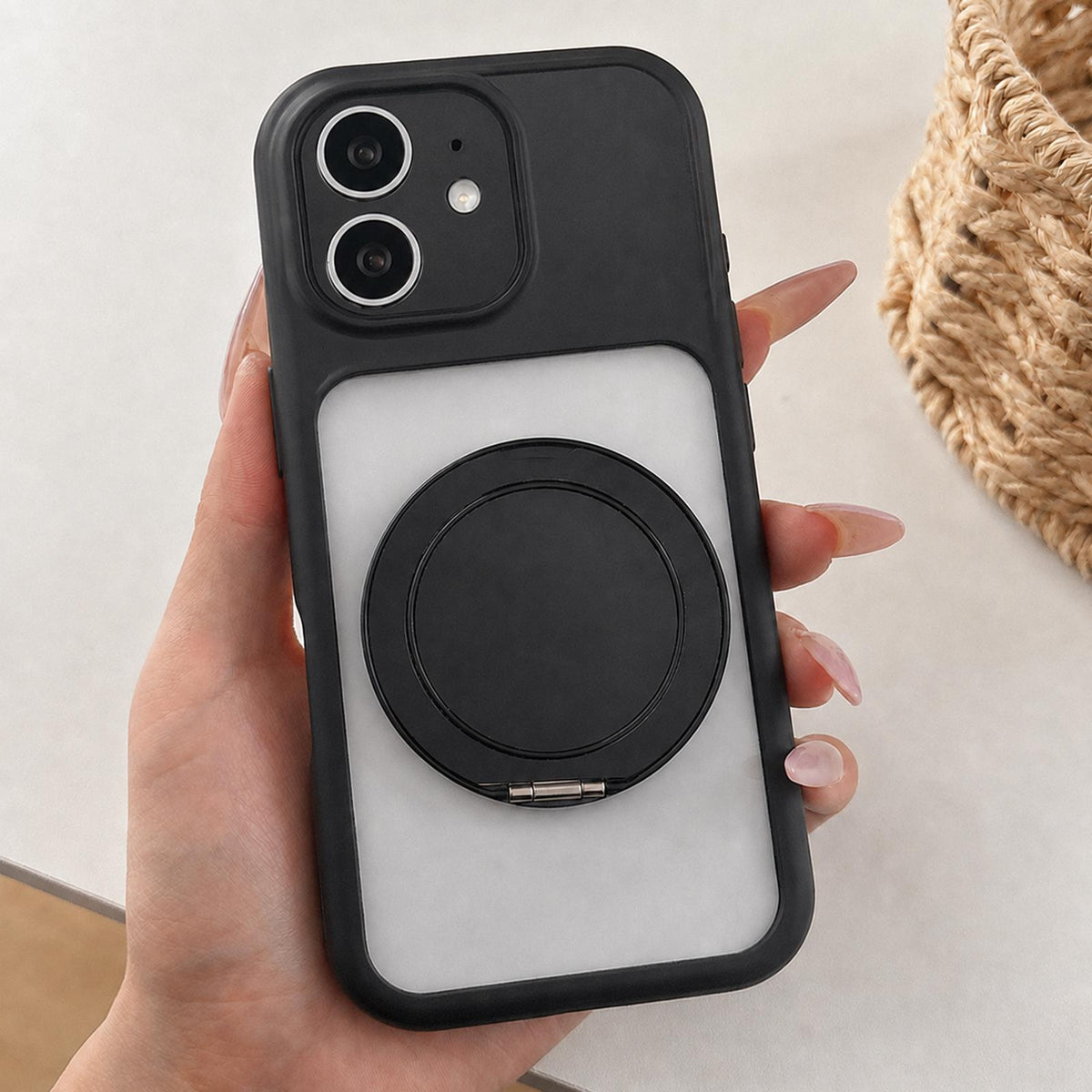 For iPhone 12 Soft-Color Acrylic 360 Rotation Holder Phone Case - Black - EDA009665320E