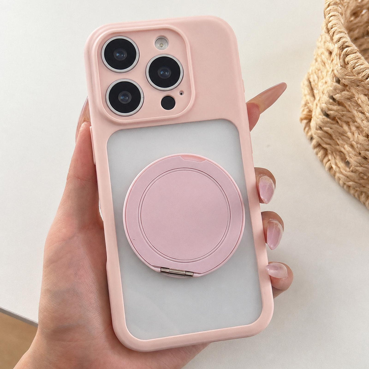 For iPhone 12 Pro Soft-Color Acrylic 360 Rotation Holder Phone Case - Pink - EDA009665322C