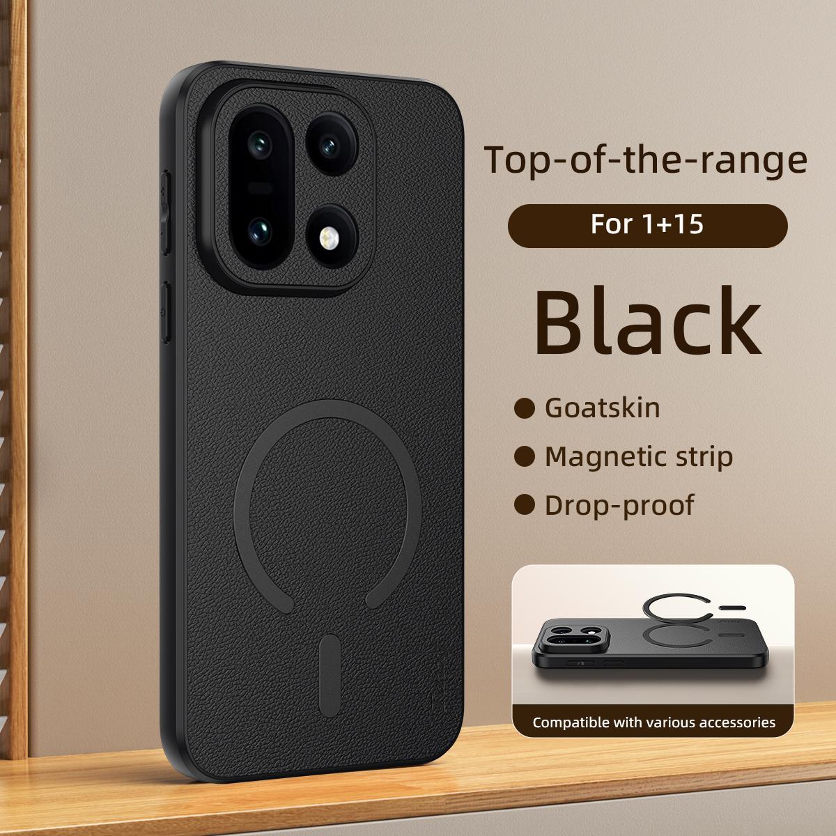 For One Plus 15 Sheepskin Vegan Leather Magnetic Phone Case - Black - EDA009665401B