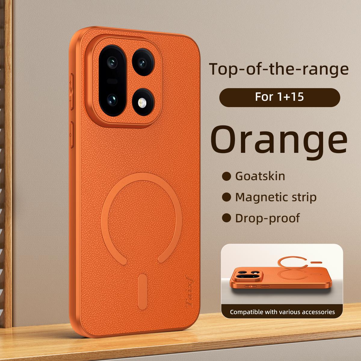 For One Plus 15 Sheepskin Vegan Leather Magnetic Phone Case - Orange - EDA009665401C