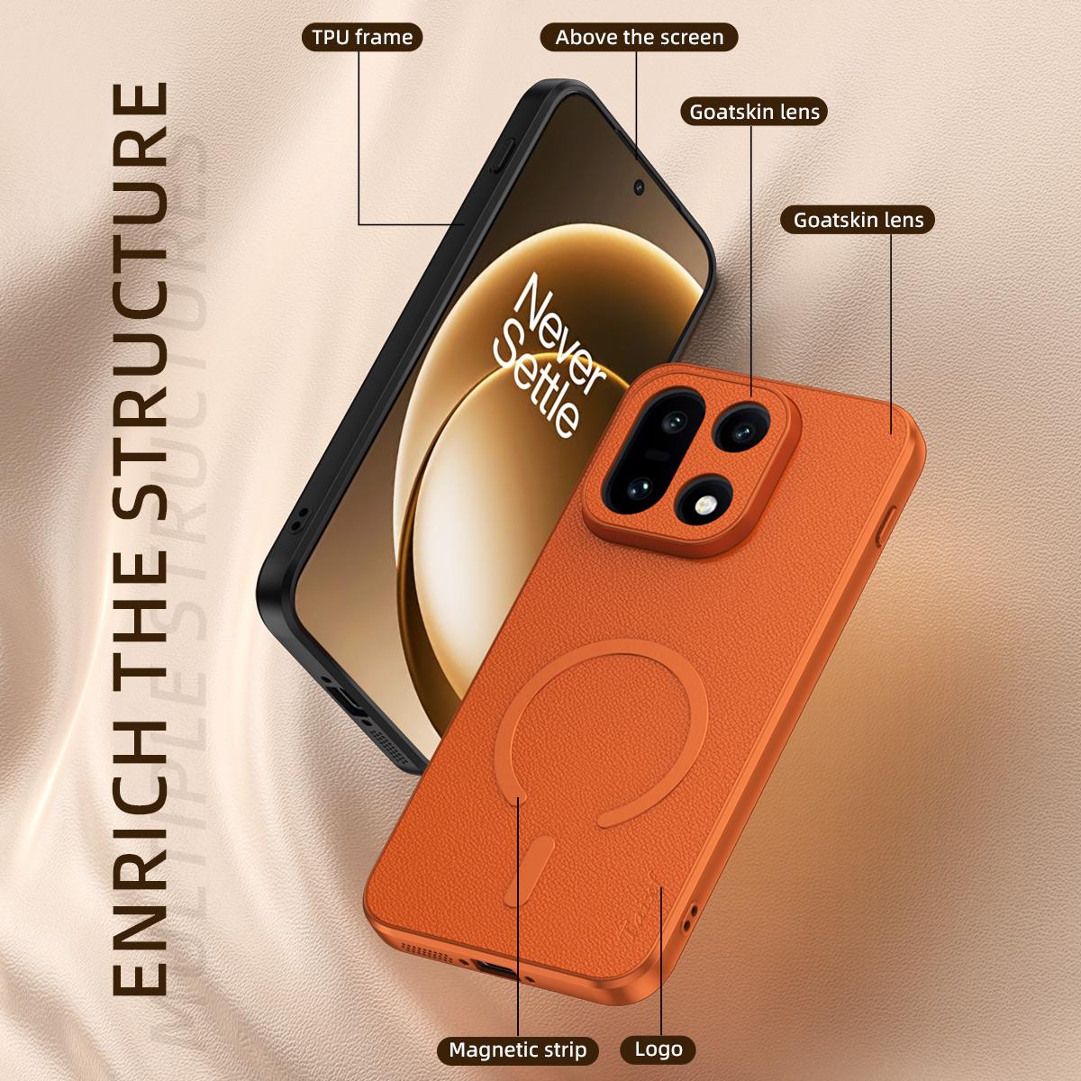 For One Plus 15 Sheepskin Vegan Leather Magnetic Phone Case - Orange - EDA009665401C