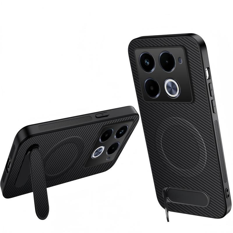For Infinix Note 40 Pro 5G / 4G WANLONFENG Kickstand Carbon Fiber Texture Magnetic Phone Case - Black - EDA009665511A