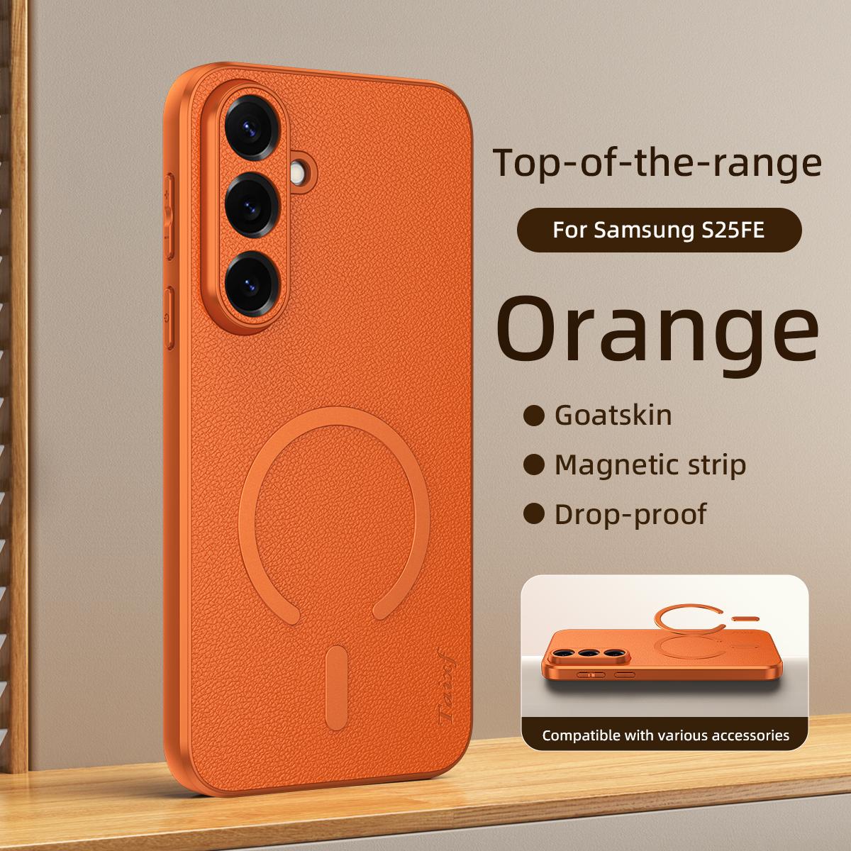 For Galaxy S25 FE 5G Sheepskin Vegan Leather Magnetic Phone Case - Orange - EDA009667002C