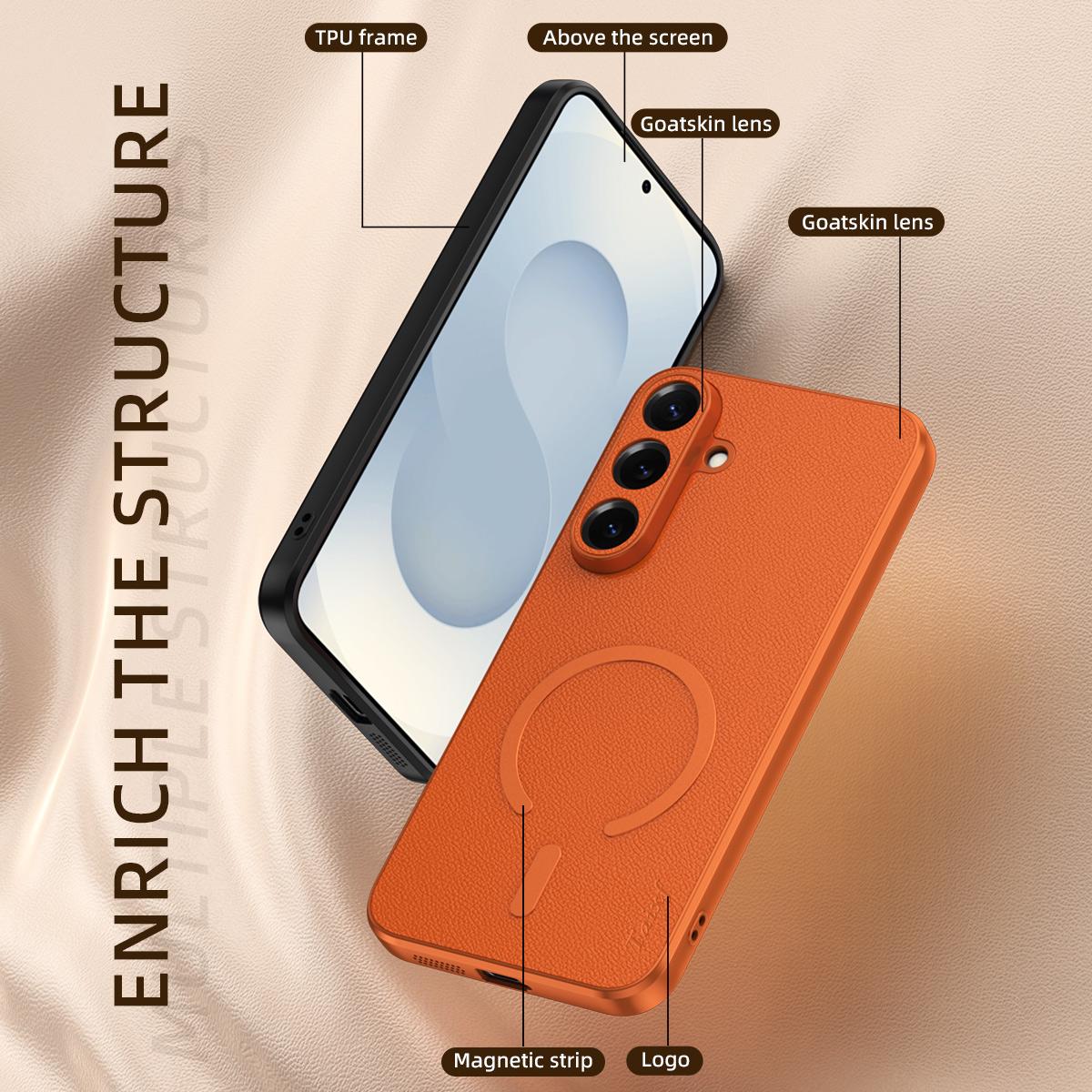 For Galaxy S25 FE 5G Sheepskin Vegan Leather Magnetic Phone Case - Orange - EDA009667002C