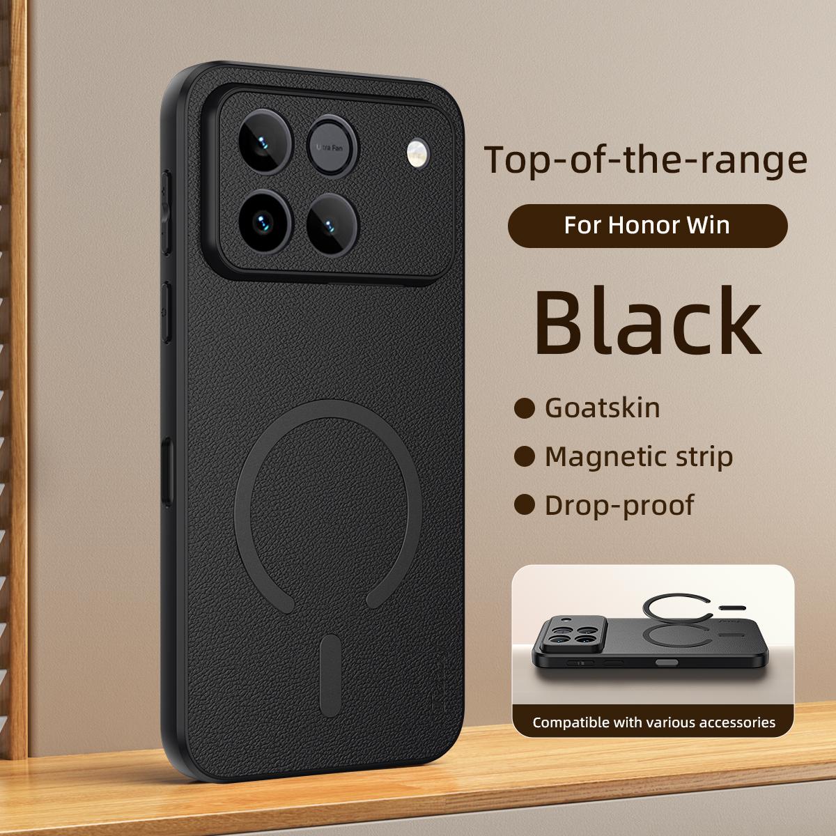 For Honor Win 5G Goatskin Vegan Leather Magnetic Phone Case - Black - EDA009667601B