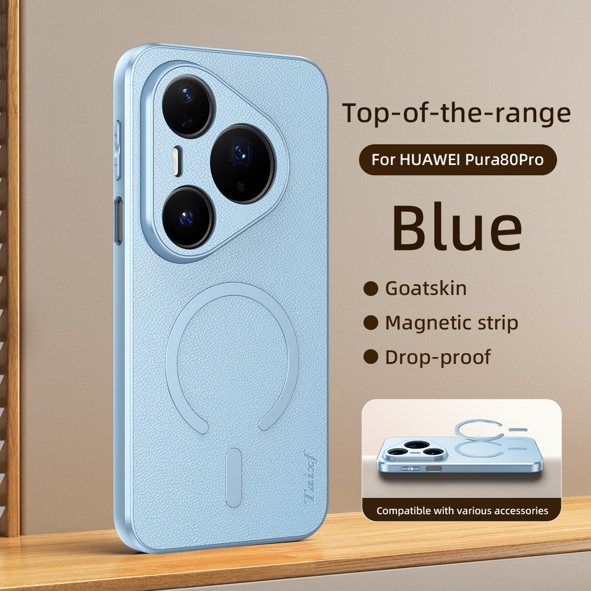 For Huawei Pura 80 Pro 5G Goatskin Vegan Leather Magnetic Phone Case - Blue - EDA009667904A