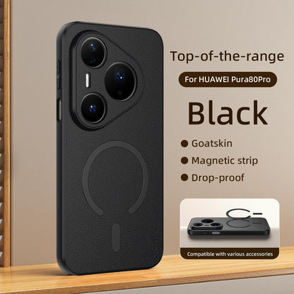For Huawei Pura 80 Pro 5G Goatskin Vegan Leather Magnetic Phone Case - Black - EDA009667904B
