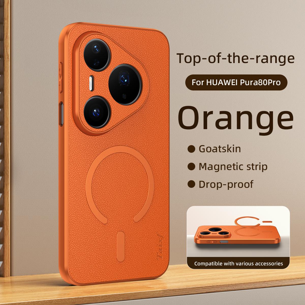 For Huawei Pura 80 Pro 5G Goatskin Vegan Leather Magnetic Phone Case - Orange - EDA009667904C