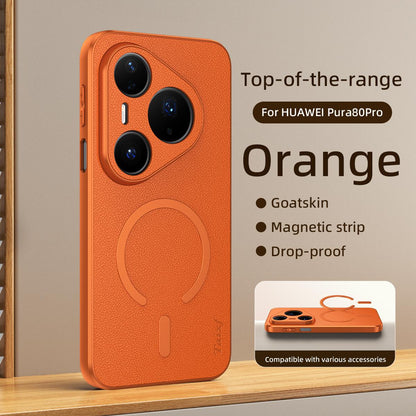 For Huawei Pura 80 Pro 5G Goatskin Vegan Leather Magnetic Phone Case - Orange - EDA009667904C