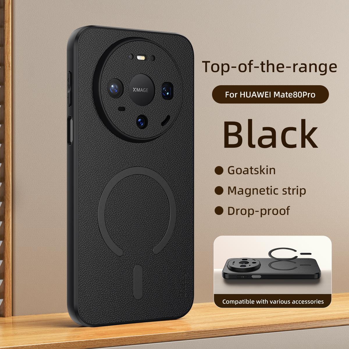 For Huawei Mate 80 Pro Goatskin Vegan Leather Magnetic Phone Case - Black - EDA009667907B
