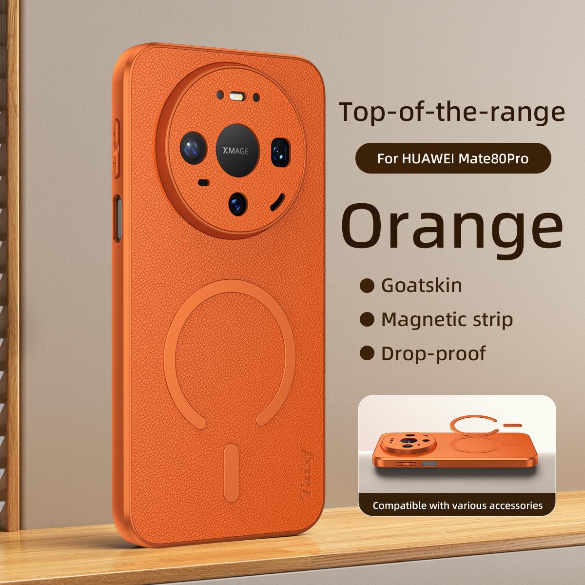 For Huawei Mate 80 Pro Goatskin Vegan Leather Magnetic Phone Case - Orange - EDA009667907C