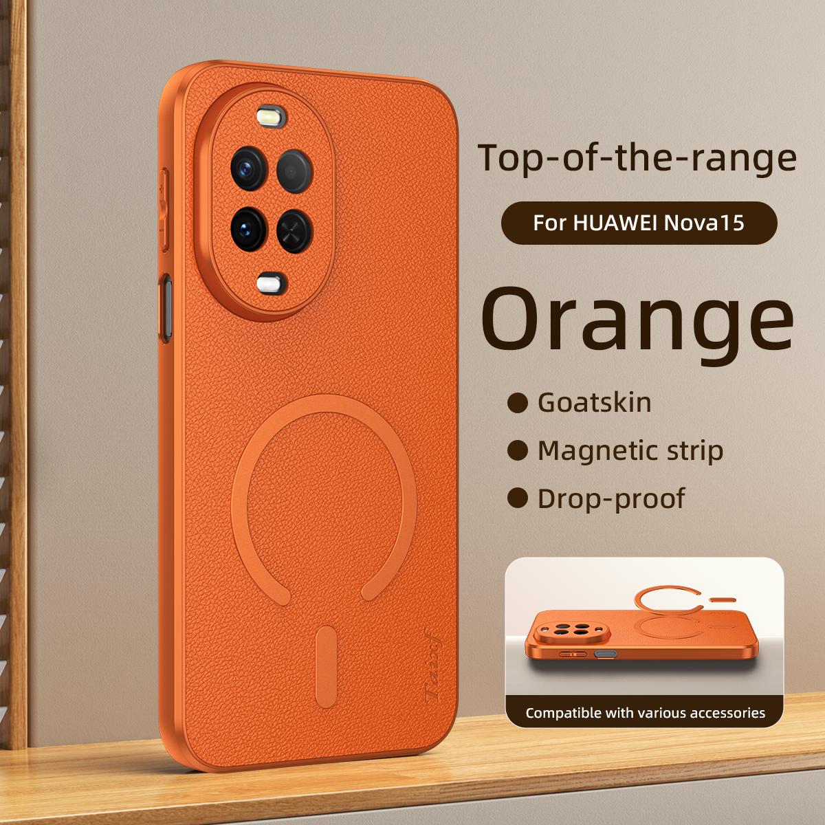 For Huawei Nova 15 Goatskin Vegan Leather Magnetic Phone Case - Orange - EDA009667910C