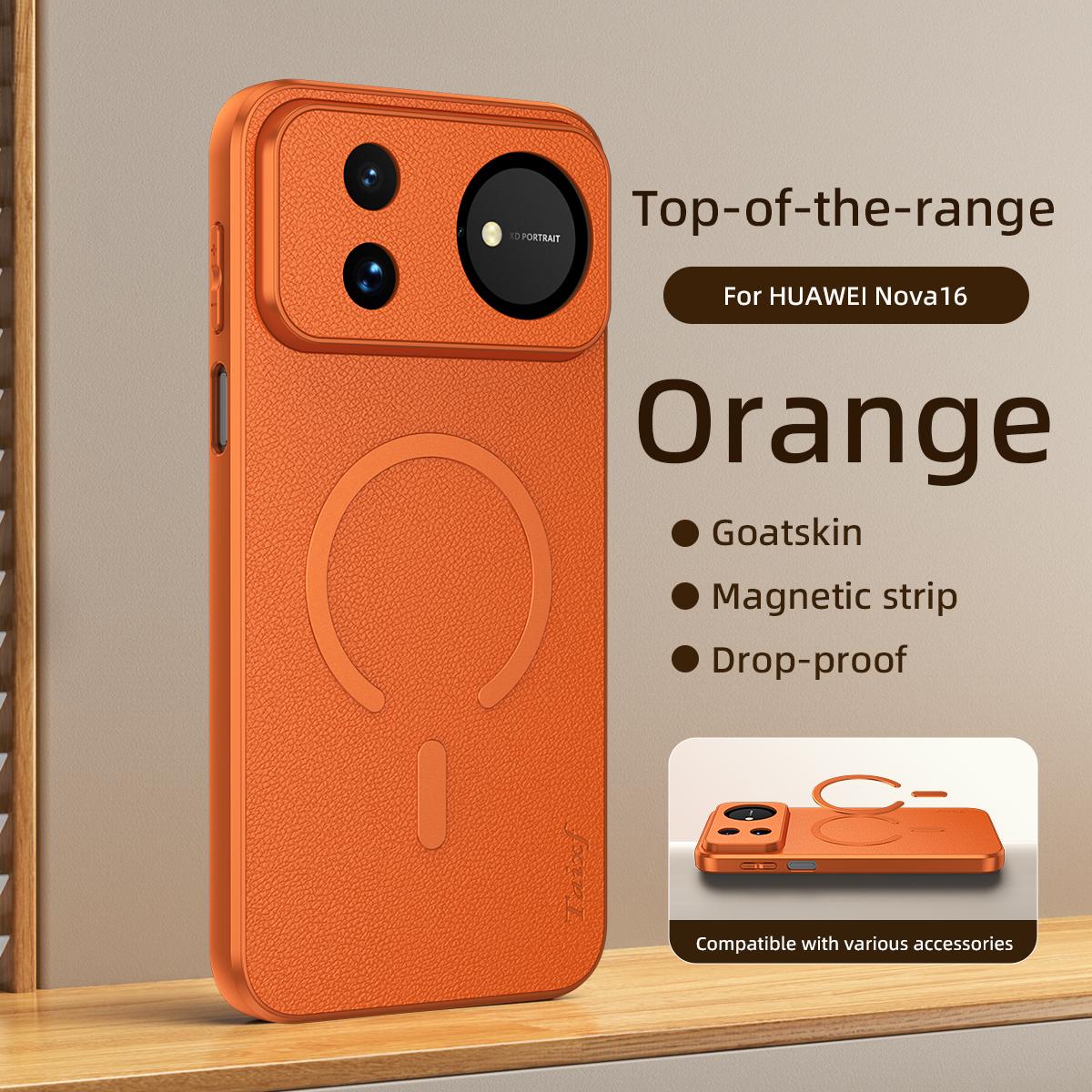 For Huawei Nova 16 Goatskin Vegan Leather Magnetic Phone Case - Orange - EDA009667913C