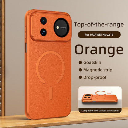 For Huawei Nova 16 Goatskin Vegan Leather Magnetic Phone Case - Orange - EDA009667913C